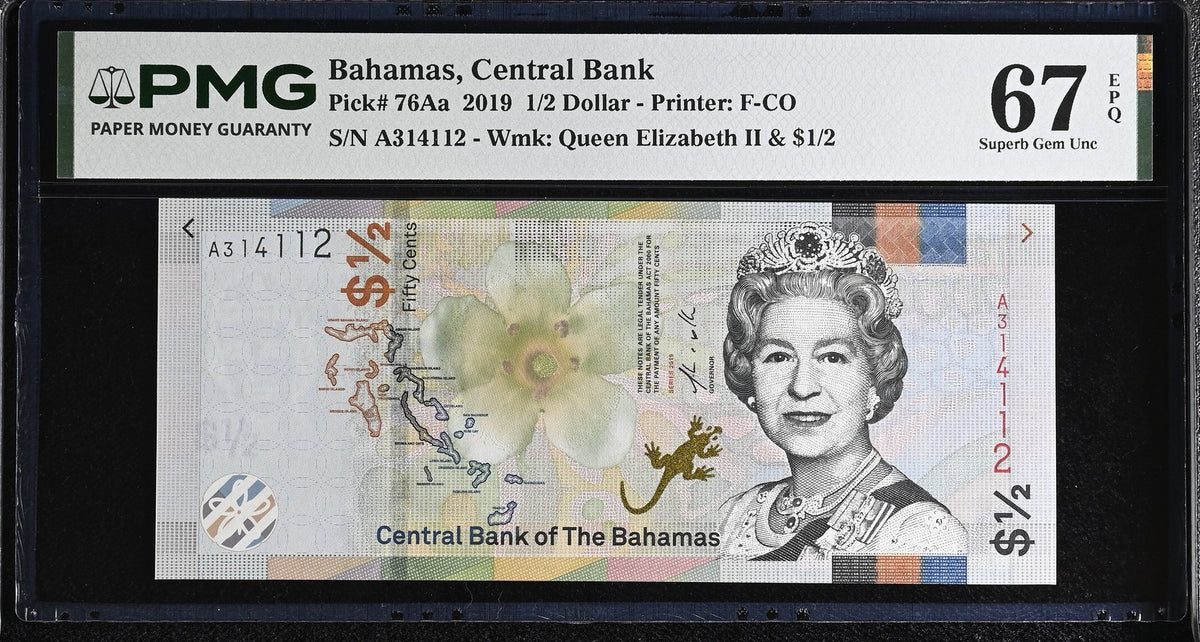 Bahamas 1/2 Dollar 2019 P 76Aa Superb Gem UNC PMG 67 EPQ , Printer F-Co