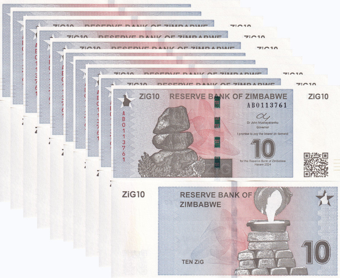 Zimbabwe 10 ZiG 2024 P 110 Gold Reserve Backed UNC w/QR Lot 10 UNC 1/10 BUNDLE