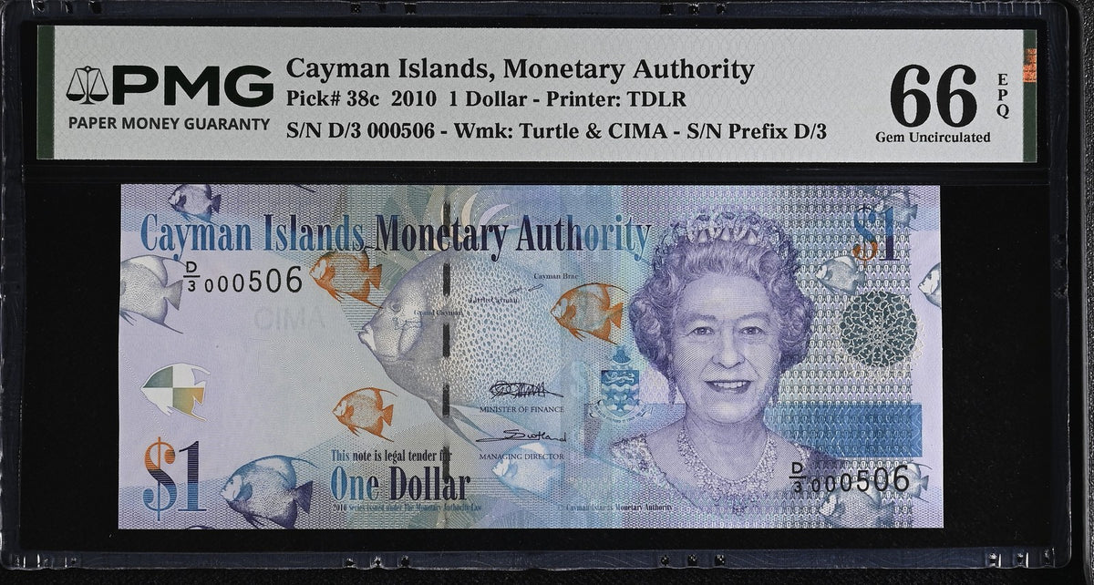 Cayman Islands 1 Dollars 2010 P 38 c Gem UNC PMG 66 EPQ , Printer TDLR