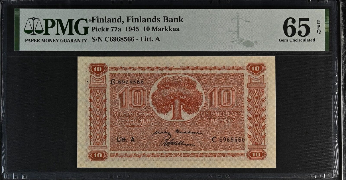 Finland 10 Mark 1945 P 77 a Litt. A Gem UNC PMG 65 EPQ