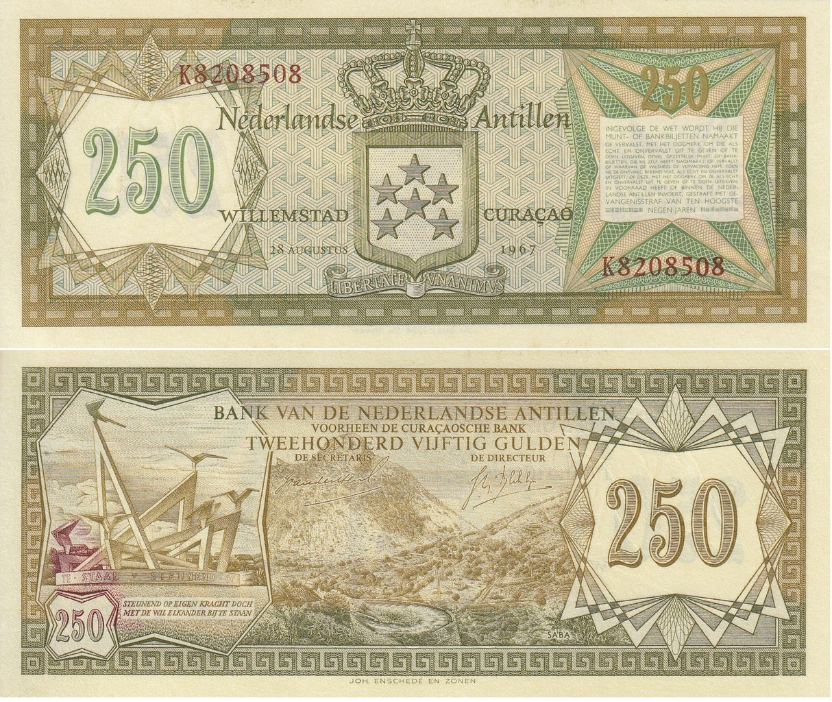 Netherlands Antilles 250 Gulden 1967 P 13 UNC ,Monument at Willemstad; Saba