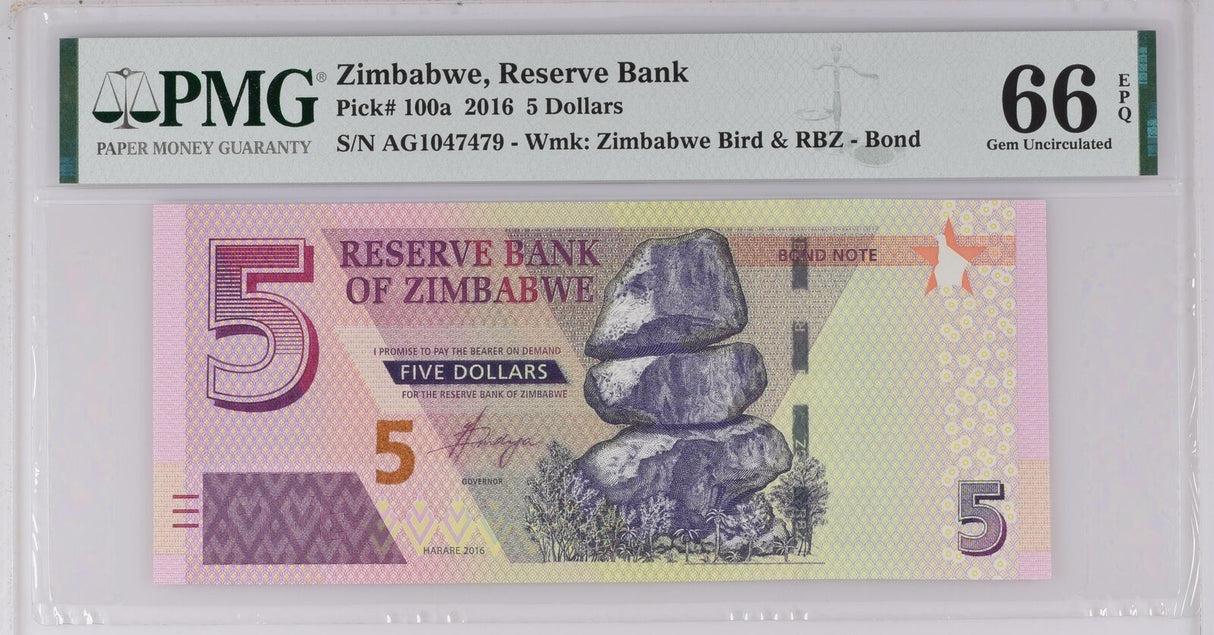 Zimbabwe 5 Dollars 2016 P 100 a Gem UNC PMG 66 EPQ