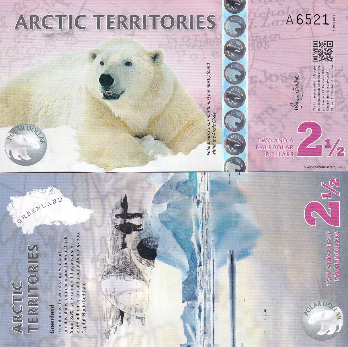 Arctic Territories 2.5 Dollars 2013 Polymer UNC , Polar BEARS