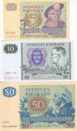 Sweden Set 3 Pcs 5 10 50 Kronor 1974-1989 P 51 52 53 UNC