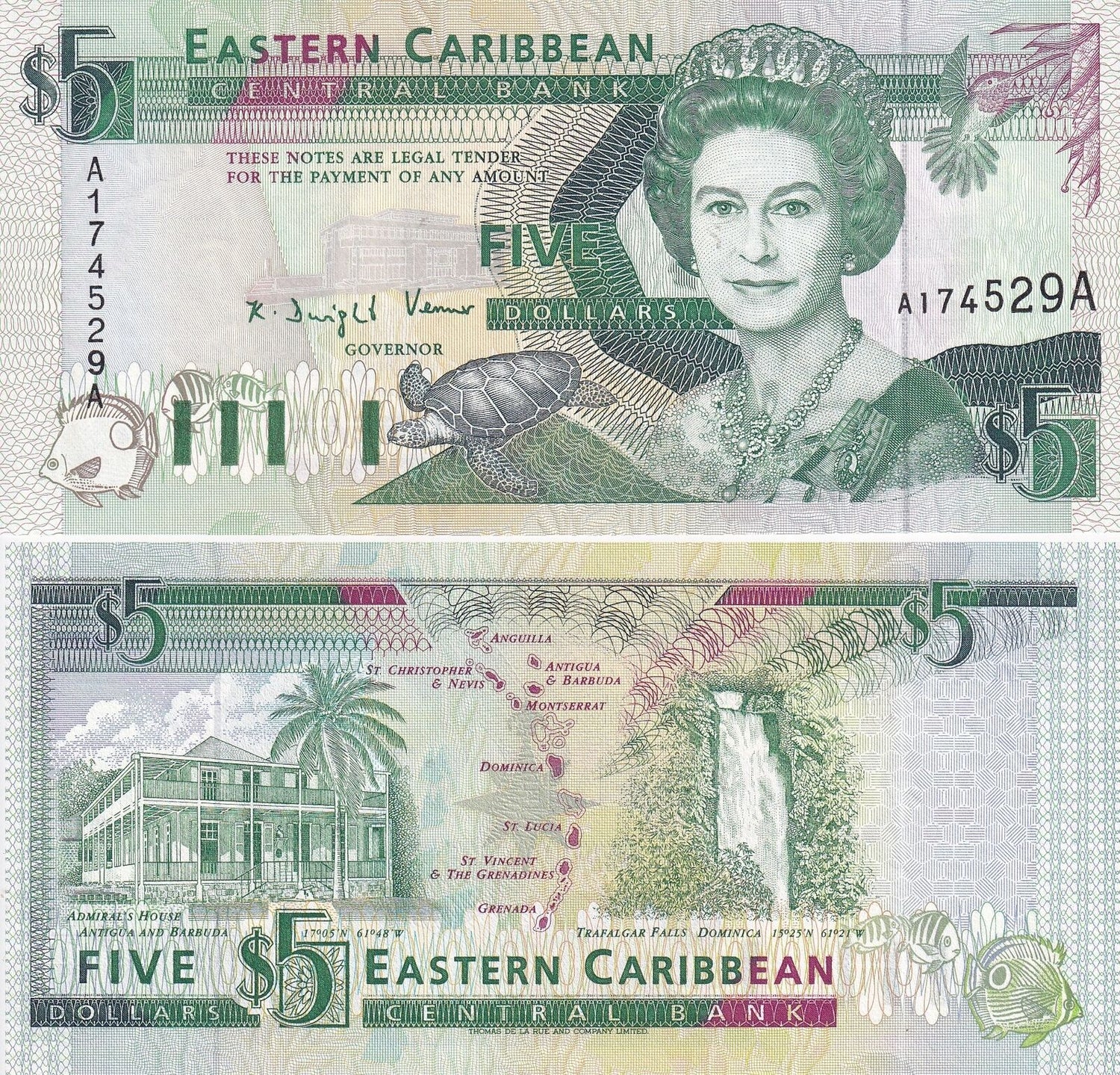 East Caribbean 5 Dollars ND 1993 Antigua P 26 a A Suffix UNC – Noteshobby