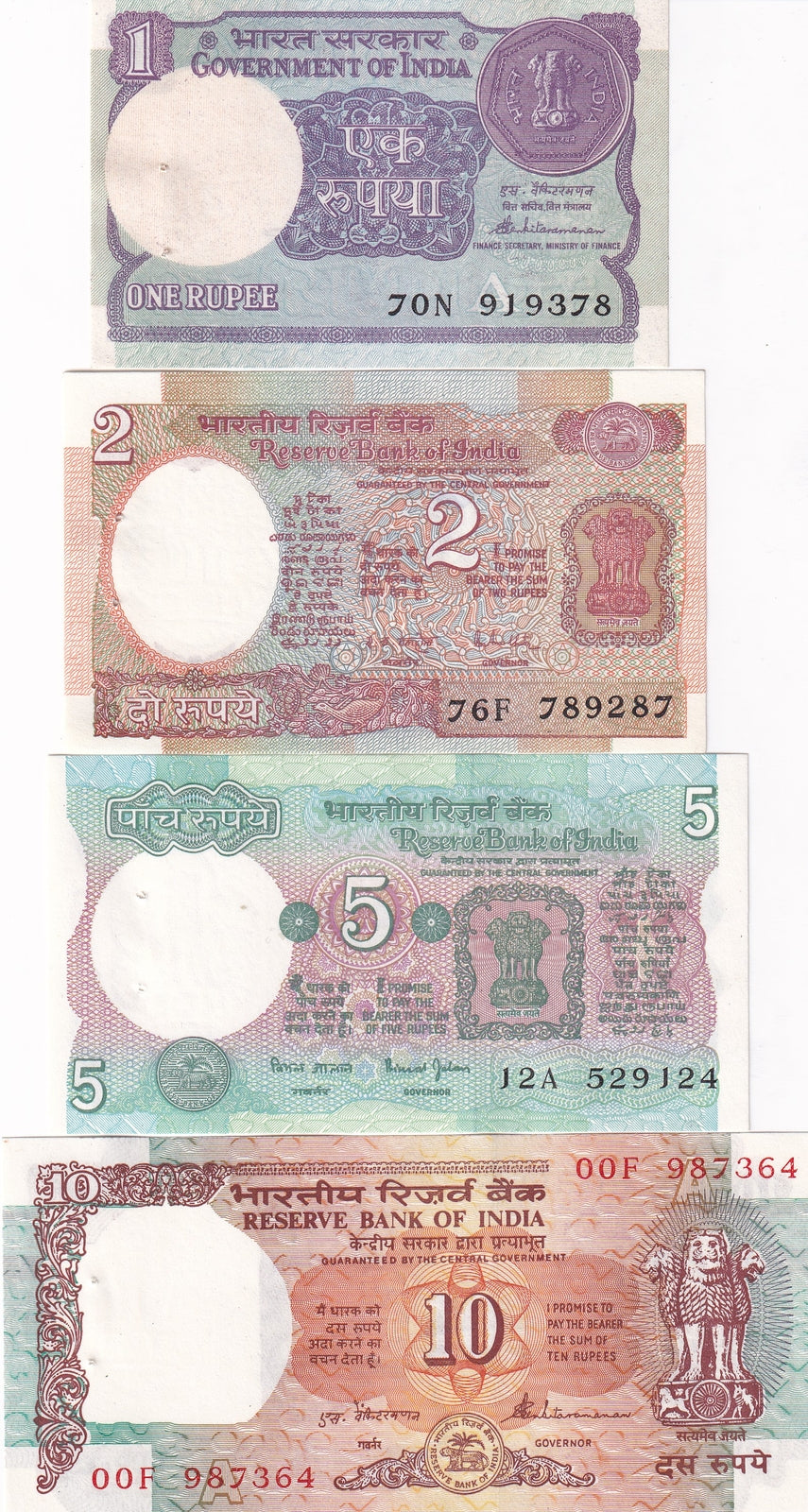 India Set 4 Pcs 1 2 5 10 Rupees P 78 79 80 88 Random Sign UNC W/H