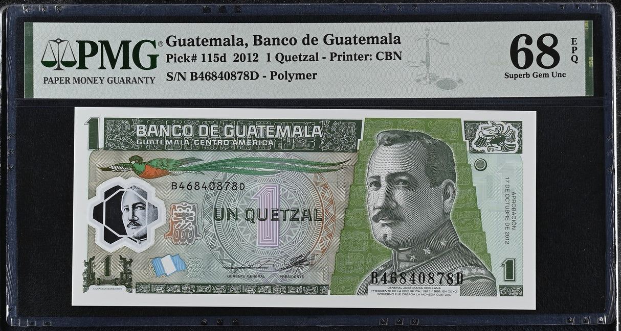 Guatemala 1 Quetzal October 2012 P 115 d Superb Gem UNC PMG 68 EPQ
