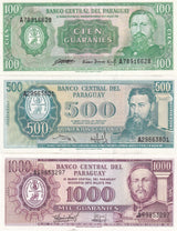 Paraguay Set 3 PCS 100 500 1000 Guaranies 1982 P 205 206 207 UNC