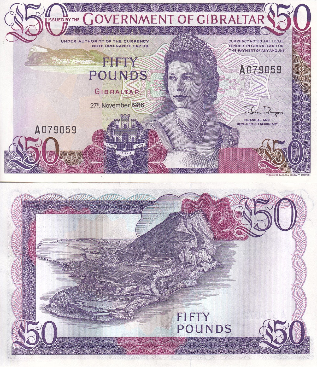Gibraltar 50 Pounds 1986 P 24 UNC , TDLR, Thomas de la Rue, London, QEII