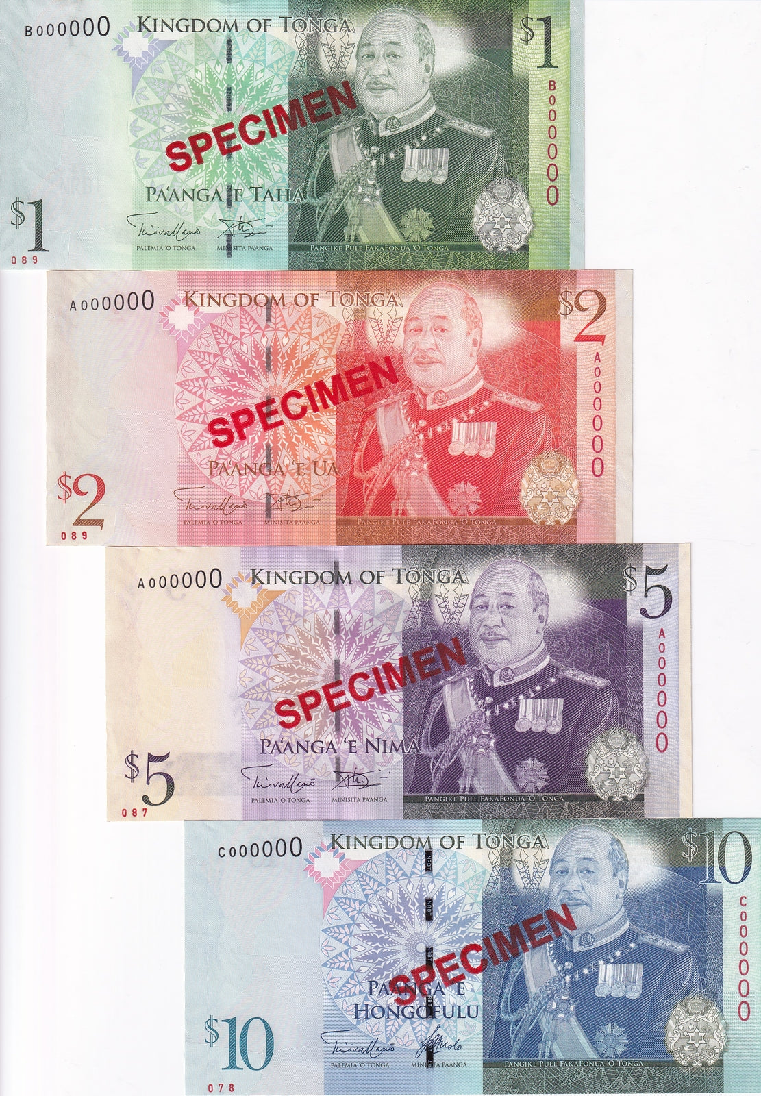 Tonga Set 4 UNC 1 2 5 10 Pa'anga ND 2012 P 37 38 39 40 SPECIMEN UNC