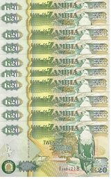 Zambia 20 Kwacha 1992 P 36 b UNC LOT 10 PCS