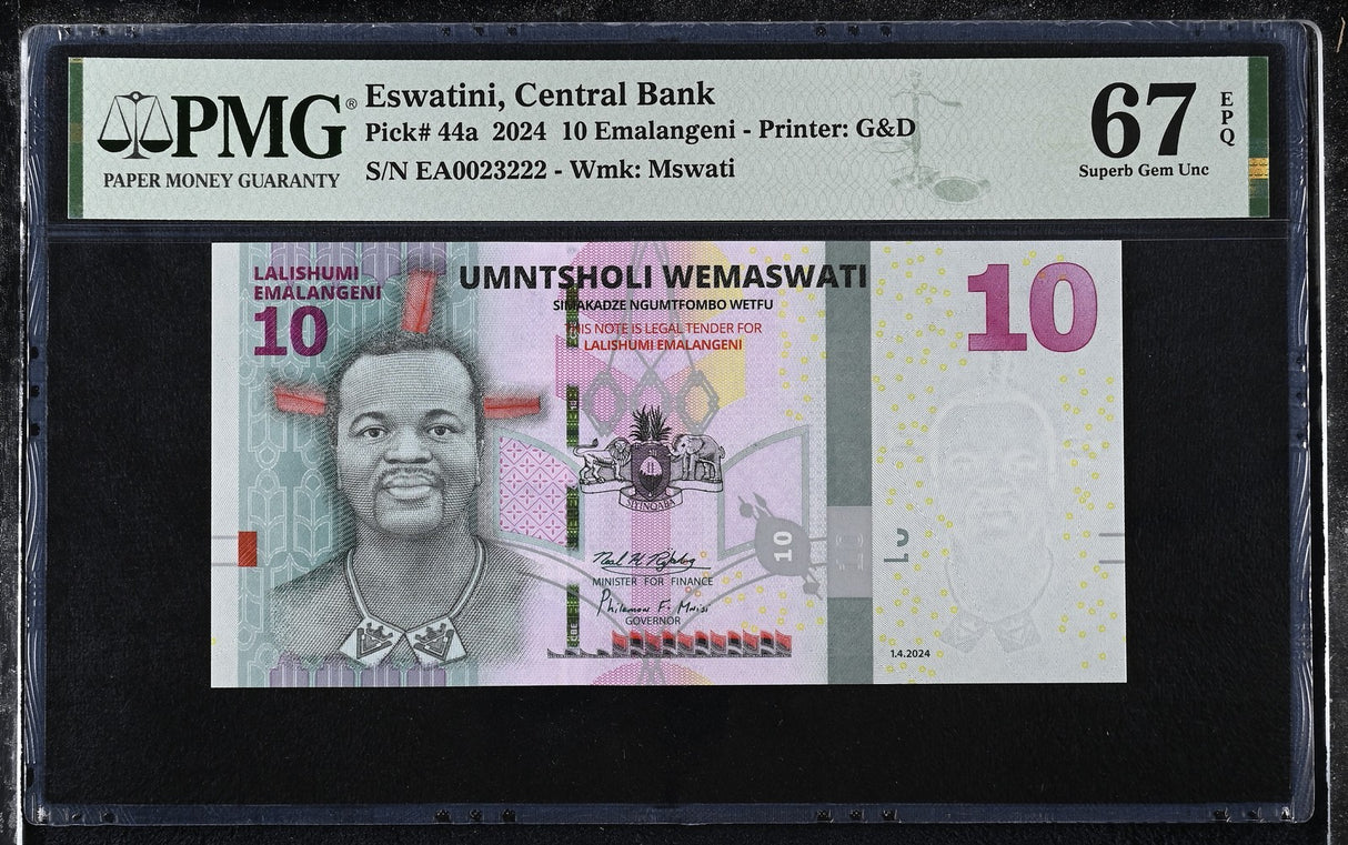 Eswatini 10 Emalangeni Swaziland 2024 P 44 #23222 Superb Gem UNC PMG 67 EPQ TOP