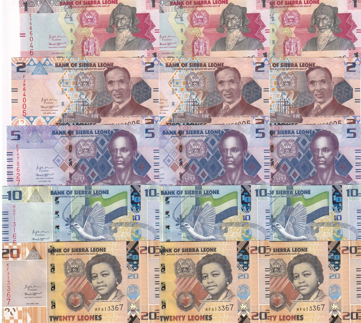 Sierra Leone Set 5 X LOT 3 = 15 UNC 1 2 5 10 20 Leones 2022 P 34 - P 38 CUT Zero