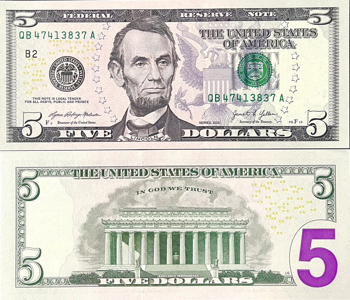United States 5 Dollars USA 2021 P 551 New York NY "B" UNC