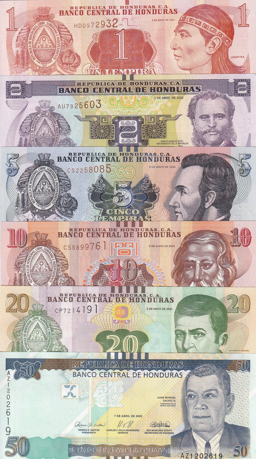 Honduras Set 6 UNC 1-50 Lempiras 2022-2024 P 96 97 98 99 - 104 New Dates