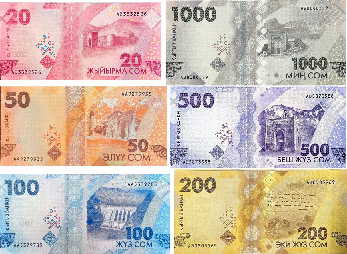 Kyrgyzstan Set 6 UNC 20 50 100 200 500 1000 Som 2023/2024 P 34 35 36 37 38 39