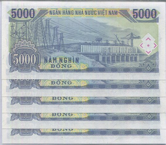 Vietnam 5000 Dong 1991 P 108 UNC LOT 5 PCS ,Ho Chi Minh, Hydroelectric power