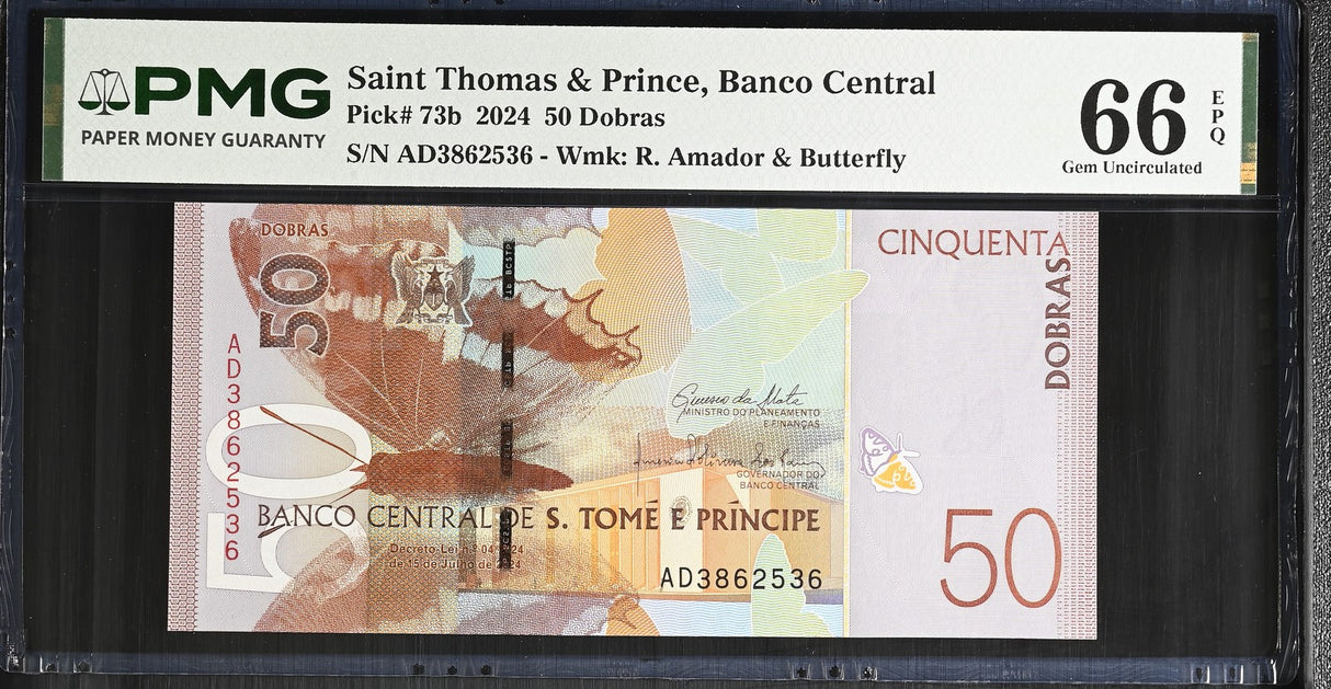 Saint Thomas & Prince 50 Dobras 2024 P 73 b Gem UNC PMG 66 EPQ