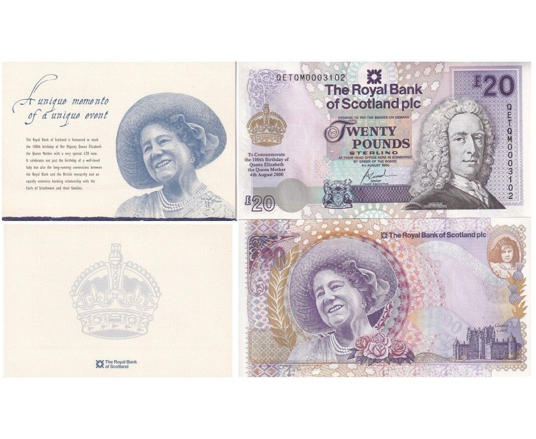Scotland 20 Pound 2000 P 361 Commemorative 100th Queen Mother UNC W/Folder