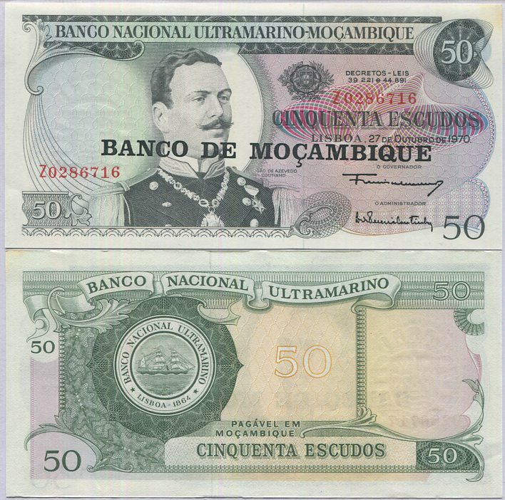 Mozambique 50 Escudos 1970 (1976) P 116 Replacement UNC Little Yellow foxing