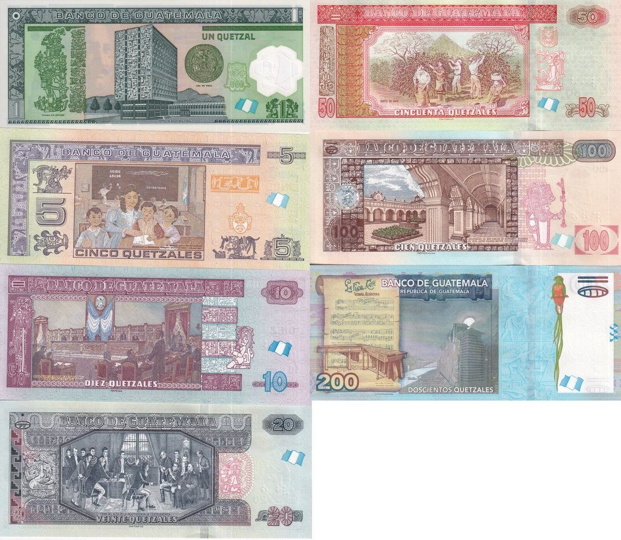 Guatemala Set 7 UNC 1 5 10 20 50 100 200 Quetzales 2012 - 2022 P P 115 122 - 127