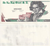 TEST NOTE SPECIMEN VARINOTA DE LA RUE BEETHOVEN Single-sided Green-Black