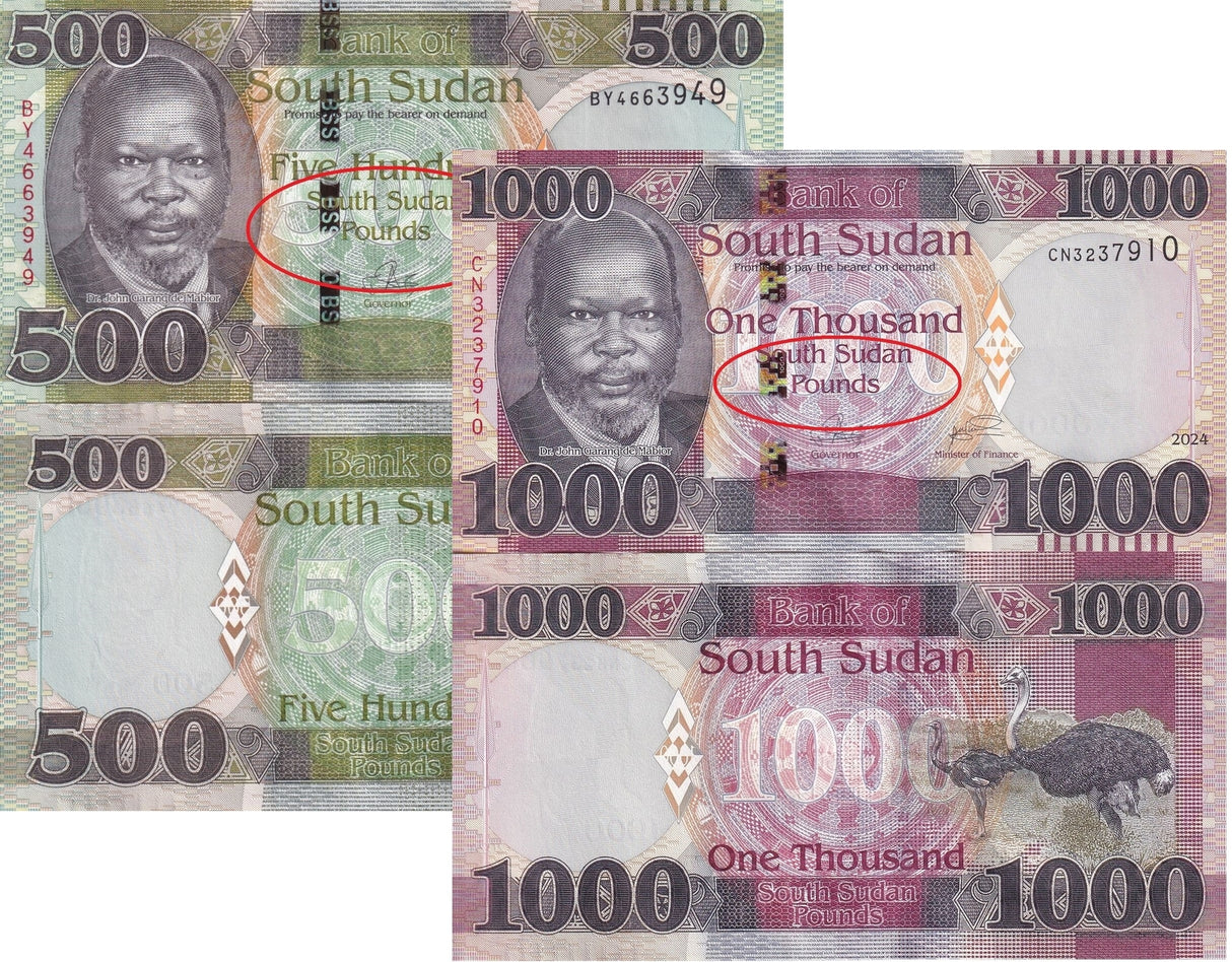South Sudan Set 2 Pcs 500 1000 Pounds 2024 P 20 21 NEW Letter currency UNC