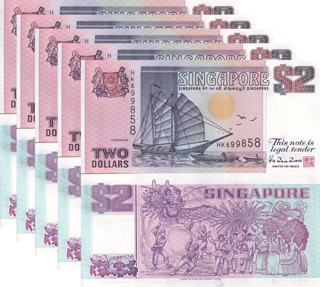 Singapore 2 Dollars ND 1992 P 28 UNC LOT 5 PCS