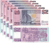 Singapore 2 Dollars ND 1992 P 28 UNC LOT 5 PCS