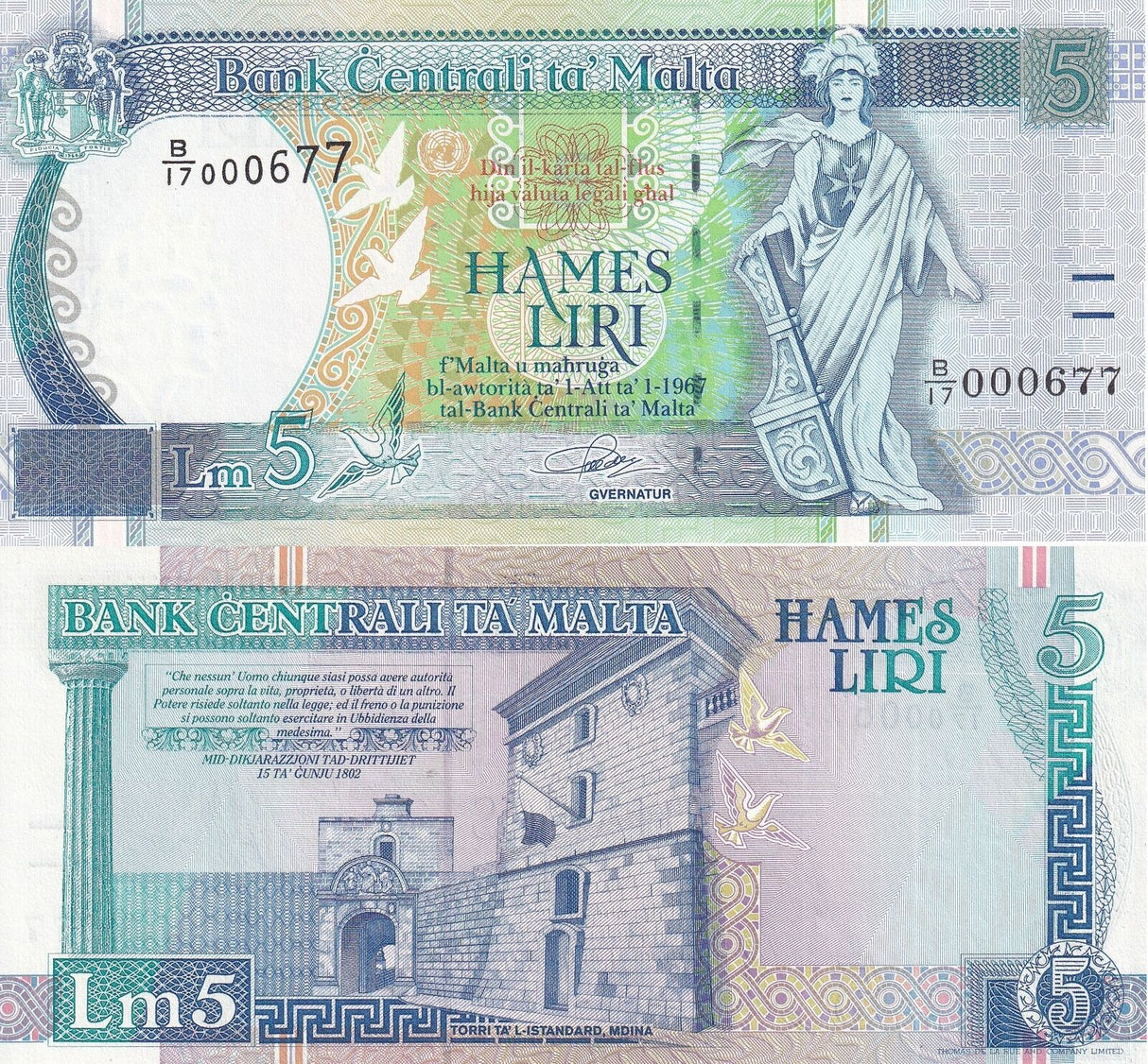 Malta 5 Liri 1994 LOW # 677 P 46 a UNC