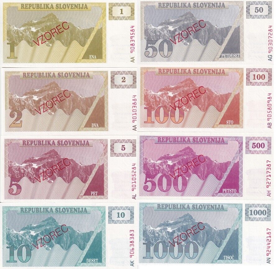 Slovenia Set 8 Pcs 1 - 1000 TOLAJEV SPECIMEN 1990-92  P 1-P 6, P 8b 9b UNC