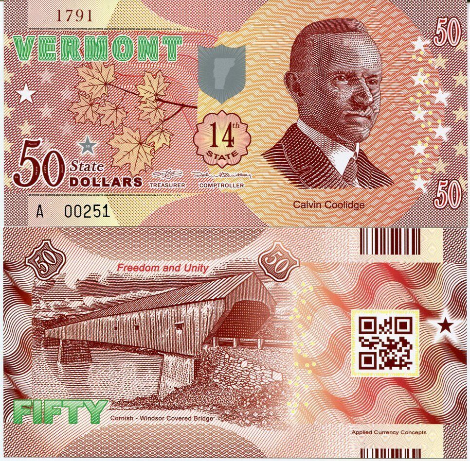UNITED STATE USA. 50 DOLLARS 2015 POLYMER 14th STATE VERMONT VT Private issued
