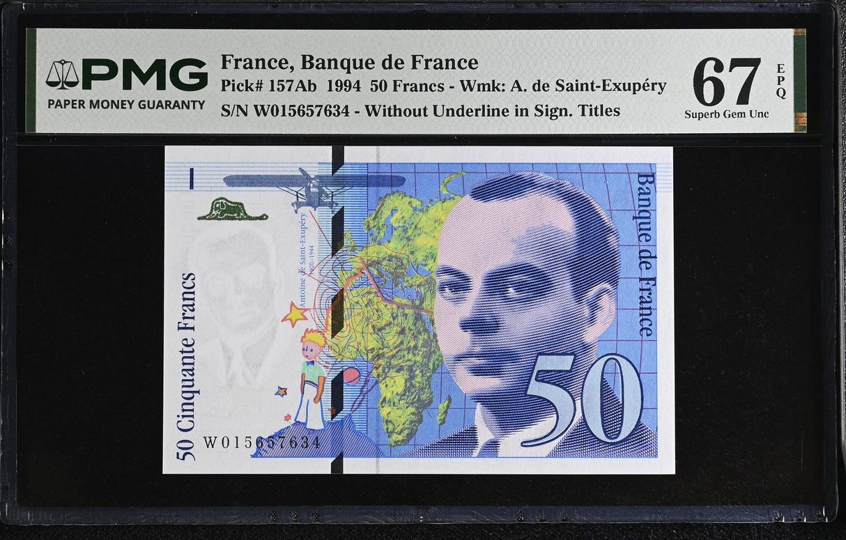France 50 Francs 1994 P 157Ab Superb Gem UNC PMG 67 EPQ WITHOUT Underline