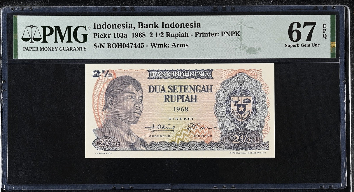 Indonesia 2 1/2 Rupiah 1968 P 103 a Superb Gem UNC PMG 67 EPQ