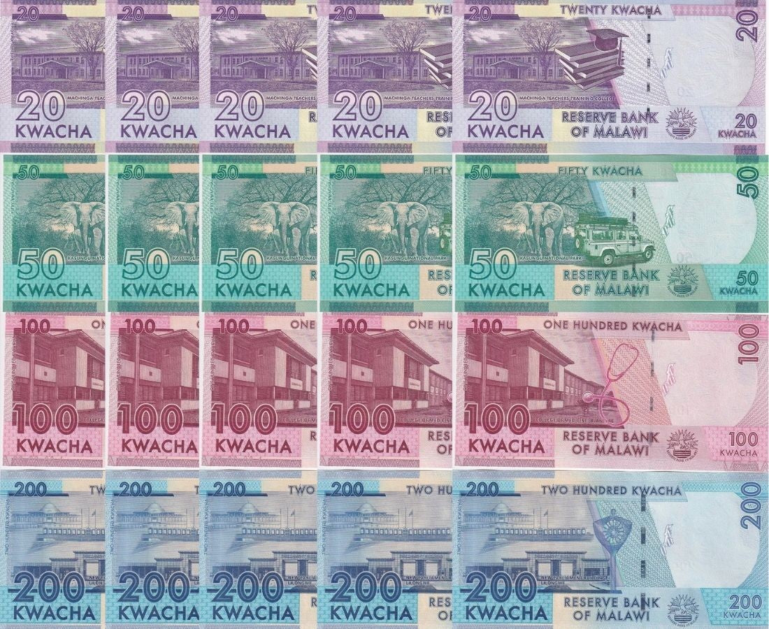 Malawi Set 4 x LOT 5 = 20 UNC 20 50 100 200 Kwacha Random Date P 60-65 UNC