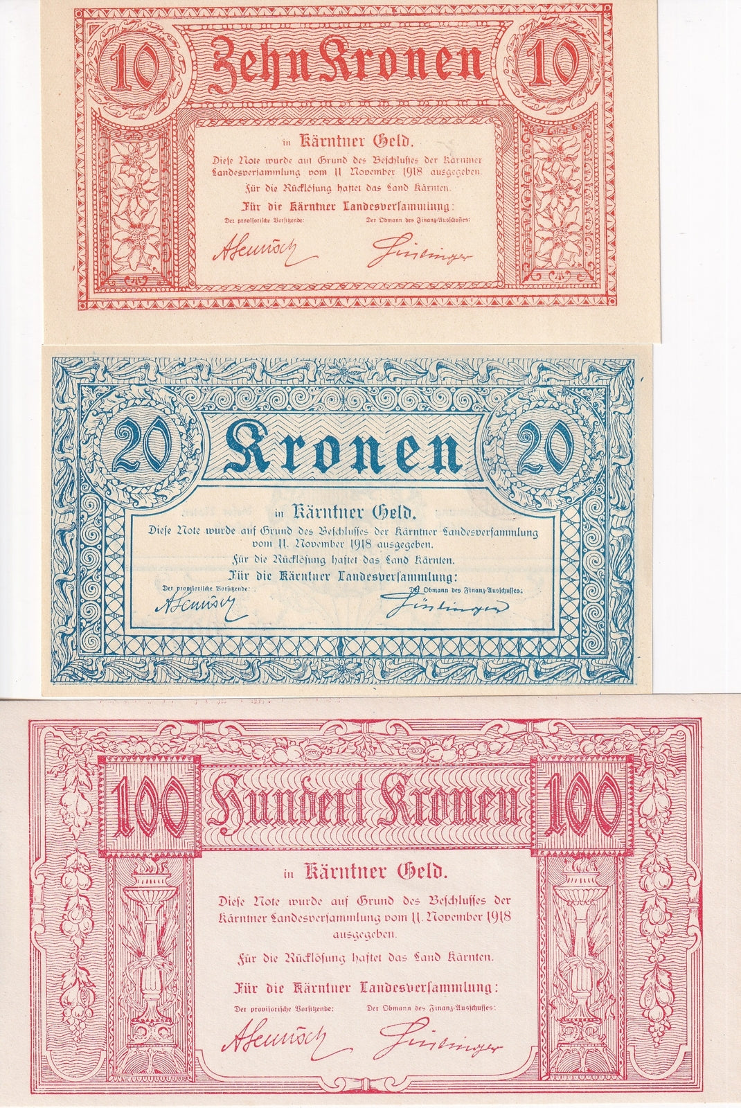 Austria SET 3 UNC 10 20 100 Kronen 1918 Karnten (Carinthia) P S102 S103 S105