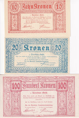 Austria SET 3 UNC 10 20 100 Kronen 1918 Karnten (Carinthia) P S102 S103 S105