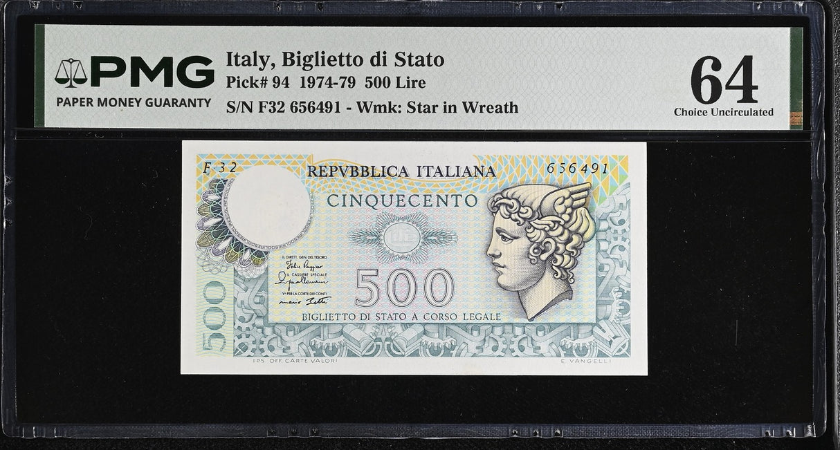 Italy 500 Lire 1974-1979 P 94 Choice UNC PMG 64 WTM Star in Wreath