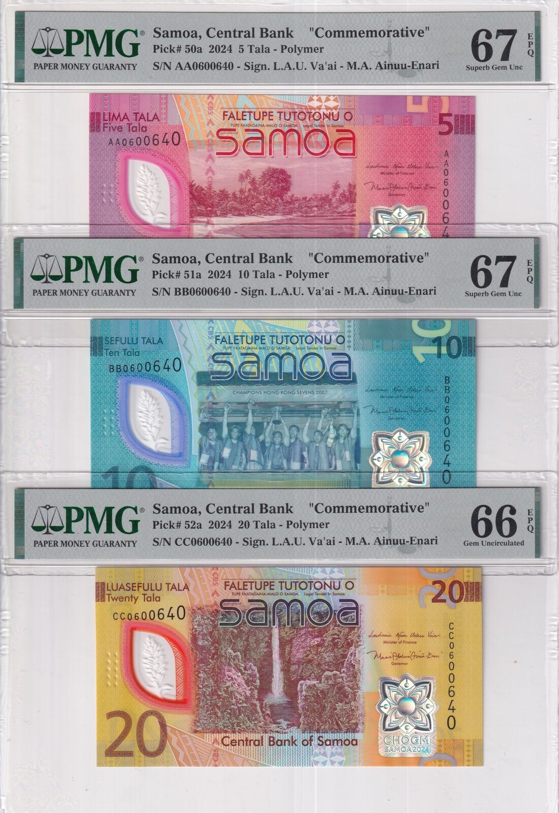 Samoa SET 3; 5 10 20 Tala ND 2024 P 50-52 CHOGM Superb Gem UNC PMG 66 67 EPQ