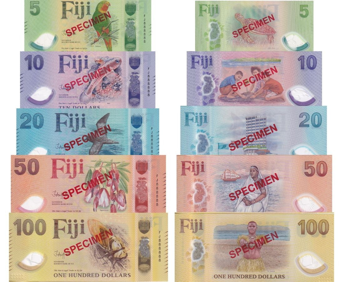 Fiji SPECIMEN SET 5 UNC 5 10 20 50 100 Dollars 2026 2025 P NEW Polymer