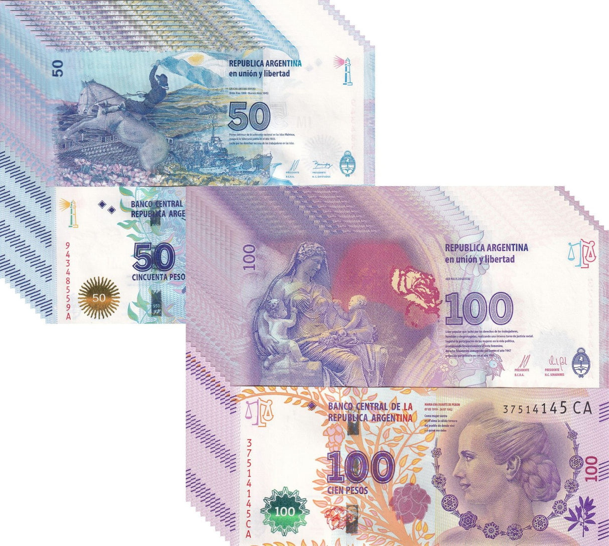 Argentina Set 2 x Lot 10 = 20 UNC 5 10 Pesos ND 2015 - 2017 P 358 P 362