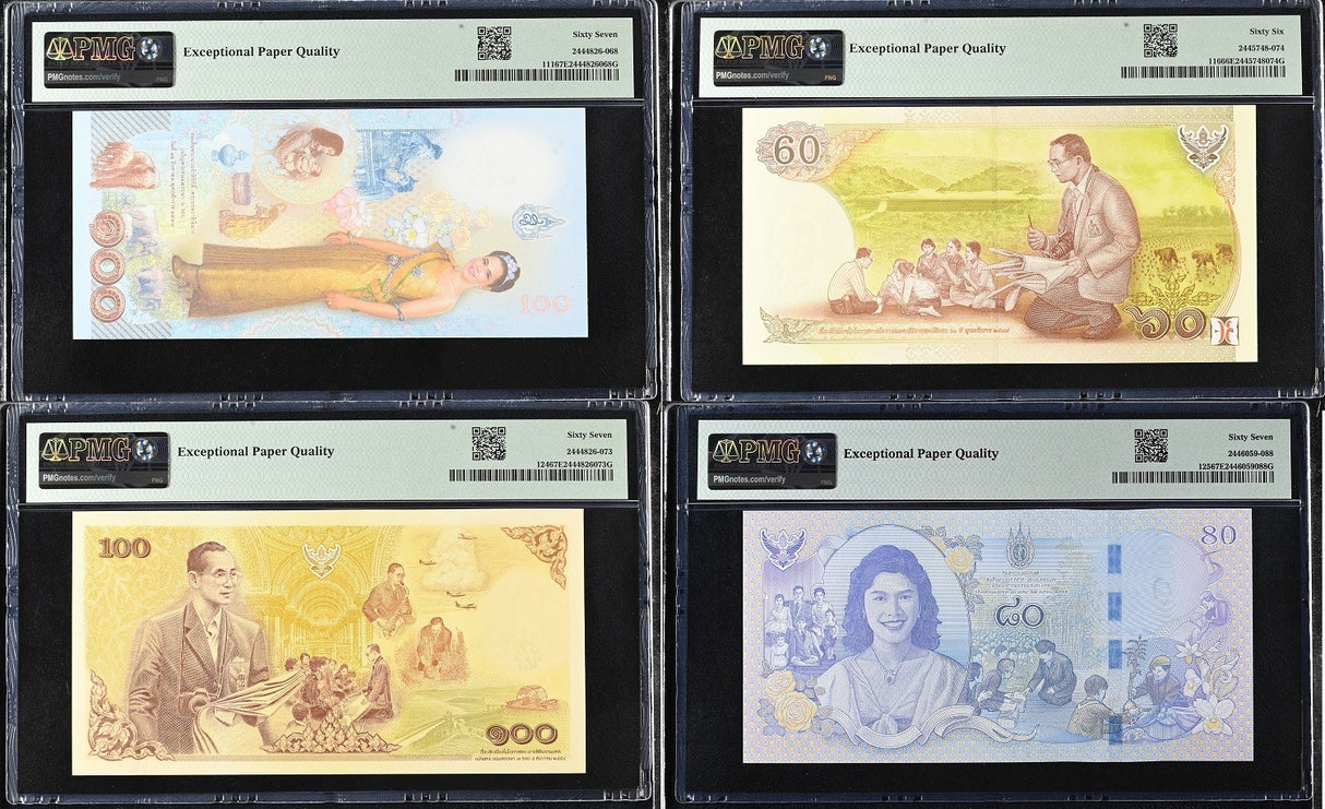 Thailand Set 4; 60 80 100 Baht 2004-12 P111 116 124 125 Superb UNC PMG 66 67 EPQ
