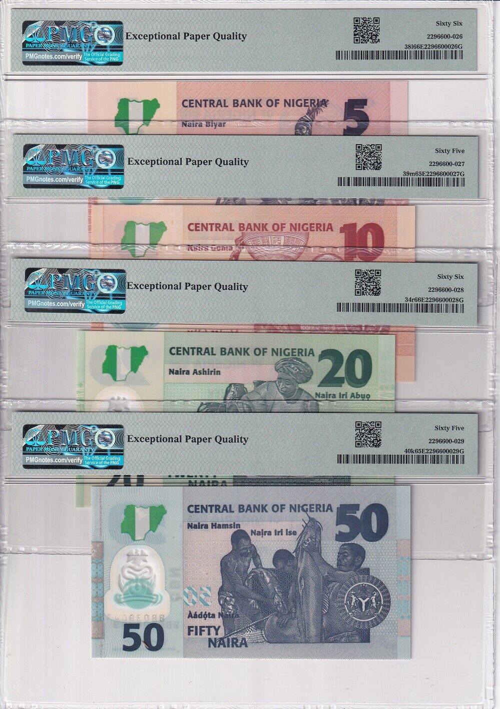 Nigeria Set 4 (5 Radar) 10 20 50 Naira 2021-22 P 34 38 -40 Gem UNC PMG 65 66 EPQ