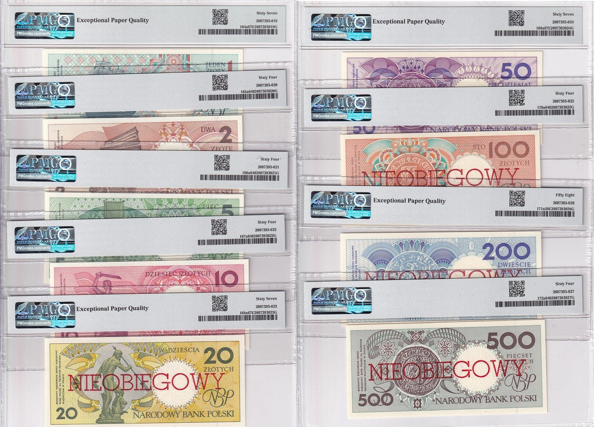 Poland Set 9 1-500 Zlotych 1990 P 164a-172 Cancelled Gem UNC PMG 58 64 67 EPQ