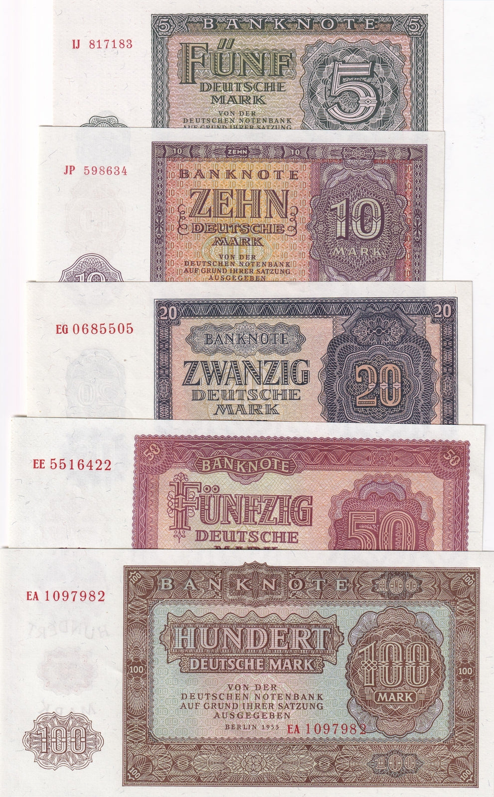 Germany DDR SET 5; 5 10 20 50 100 Deutsche Mark 1955 P 17 18 19 20 21 AUNC