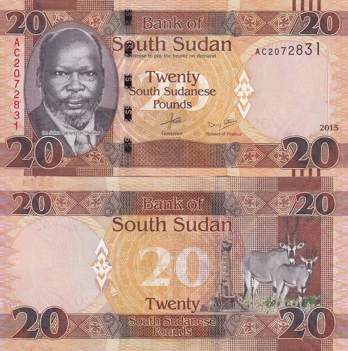 South Sudan 20 Pounds 2015 P 13 a UNC Antelopes, Dr. John Garang de Mabior