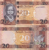 South Sudan 20 Pounds 2015 P 13 a UNC Antelopes, Dr. John Garang de Mabior