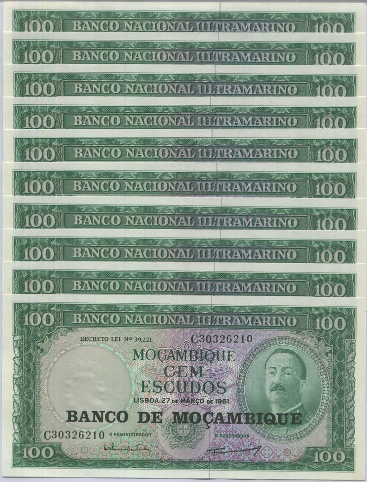 Mozambique 100 Escudos 1961 P 117 UNC LOT 10 PCS ,Aires de Ornelas
