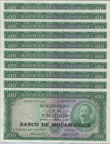 Mozambique 100 Escudos 1961 P 117 UNC LOT 10 PCS ,Aires de Ornelas