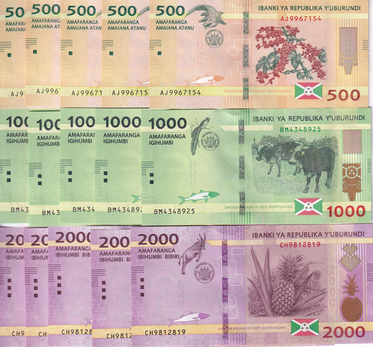 Burundi SET 3 x LOT 5 SETS= 15 UNC 500 1000 2000 Francs 2023 P 50 P 51 P 52
